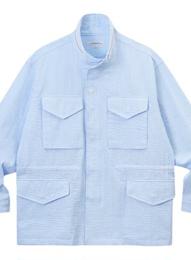 SUPERTOFU肌理感泡泡纱 蓝色条纹 中长款四袋M65 衬衫外套 SS26