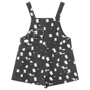 KEIKO 少女风小狗满印牛仔背带裤2026春夏俏皮小个子显瘦连体短裤