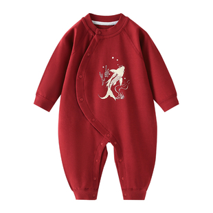 翘脚鸭新生婴儿衣服春秋款满月宝宝连体衣红色过年喜庆百天周岁服