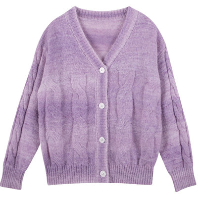 女童春季渐变紫麻花开衫针织衫