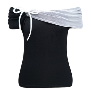 【徐艺洋同款】易碎商店·未眠夜慵懒感黑白拼接一字肩短袖上衣女