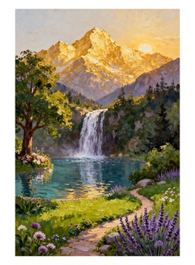 纯手绘油画新中式聚宝盆风景挂画