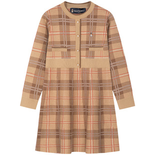 暇步士童装女童连衣裙秋季新款儿童格纹长袖裙子大童气质公主裙