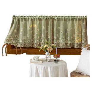 美式田园绿色半帘咖啡帘半截帘麻纱蕾丝纱帘橱柜帘穿杆帘隔断帘