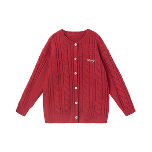 PCMY麻花新中式经典情侣装红色开衫毛衣外套男女一长一短针织衣服