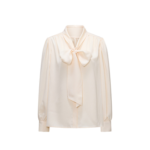 Chings法式复古一衣多穿V领飘带上衣 乱麻质地灯笼袖显瘦百搭衬衫