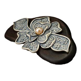 入梦牡丹花S925纯银发夹复古装泰银黑檀木发卡宫廷汉服头饰礼品女