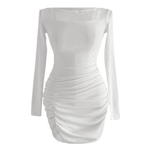 2024春装新款气质内搭纯欲紧身长袖褶皱包臀连衣裙温柔风短裙女潮