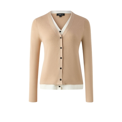 PRICH时尚绵羊毛撞色假两件V领针织开衫2025冬新款休闲修身毛衣女