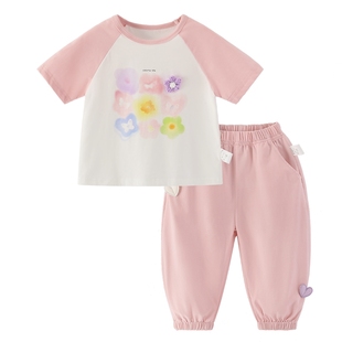 [7A抗菌]女童夏季套装小童撞色衣服宝宝薄款短袖长裤童装儿童夏装