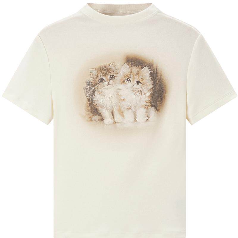 乐町甜美浪漫小立领猫咪图案印花正肩短袖夏季修身T恤