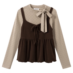 奶油的宇宙 波点绑带荷叶边假两件长袖女韩系甜美修身内搭短上衣