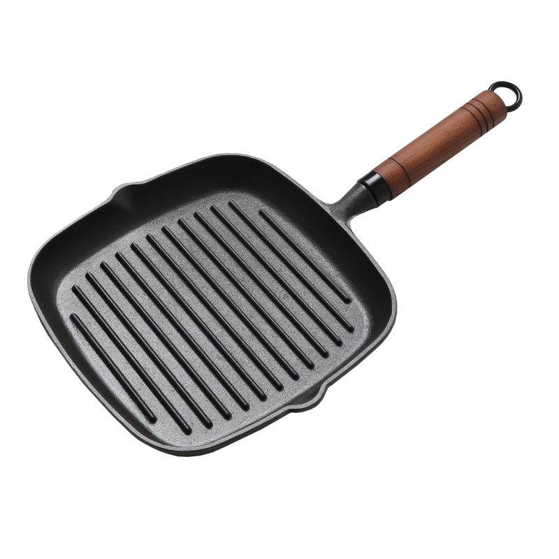加厚木柄牛排煎锅铸铁平底锅无涂层不粘家用条纹煎锅煎牛扒专用锅