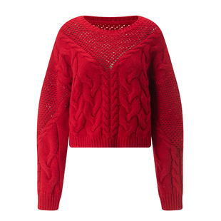 EVAOUXIU毛衣慵懒高级感绵羊毛圆领套头上衣秋冬百搭短款绞花毛衣