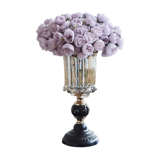 现代轻奢高级感玻璃花瓶摆件客厅插花餐桌中古奶油风装饰假花套装