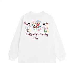 STA旗舰店美式彩色线条小狗长袖男女潮牌复古重磅纯棉情侣卫衣