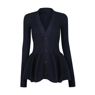 Bettychow 德国机 花苞蓝黑色弹力针织开衫裤子法式优雅洋气套装