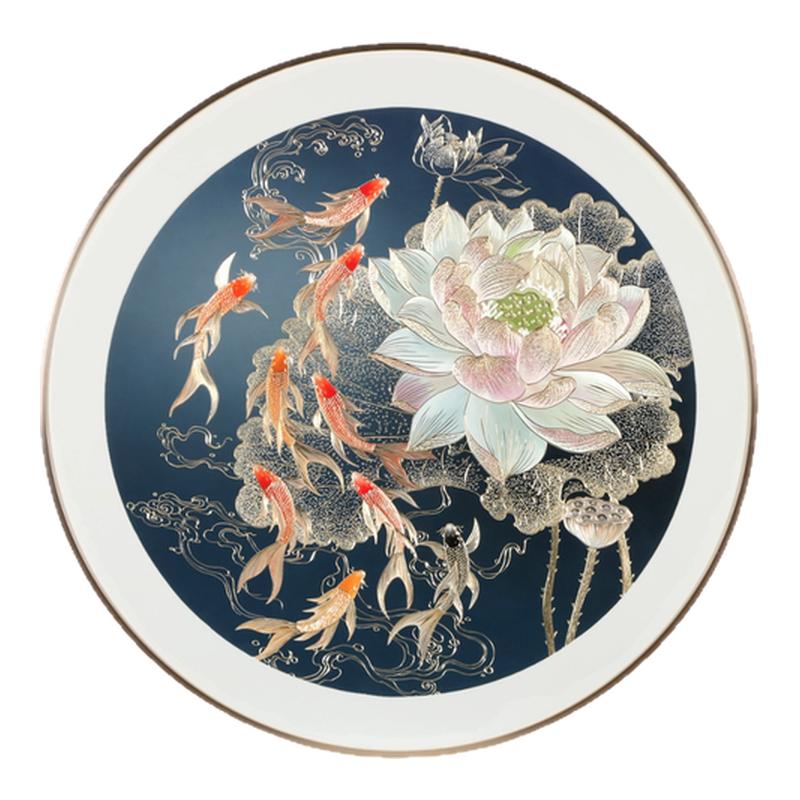 荷花九鱼手工铜雕圆形现代简约