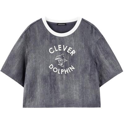 太平鸟女装夏季柔顺垂感高街短袖T恤做旧短款上衣A3CNF2645