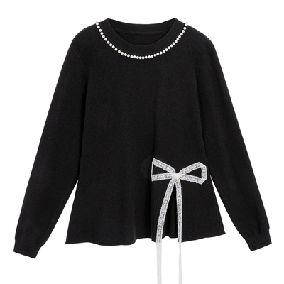 大码女装独特别致漂亮早秋开叉掐腰上衣胖mm显瘦蝴蝶结蕾丝针织衫