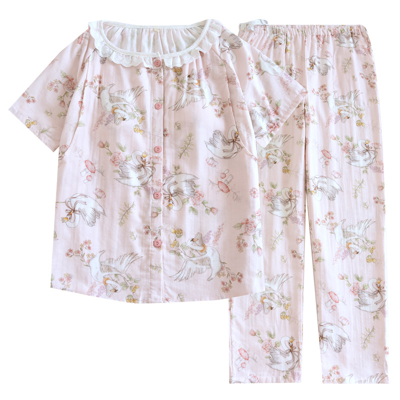 夏季纯棉纱布月子服短袖套装产后喂奶衣孕妇宽松透气哺乳家居服