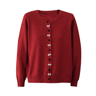 2026小香风圆领蝴蝶结针织开衫女宽松型减龄红色春节喜庆毛衣外套