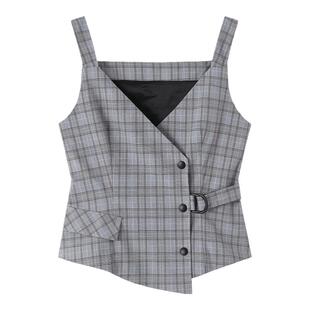 马甲女短款曼德诗春秋新款灰格显瘦通勤气质外穿吊带上衣OL风
