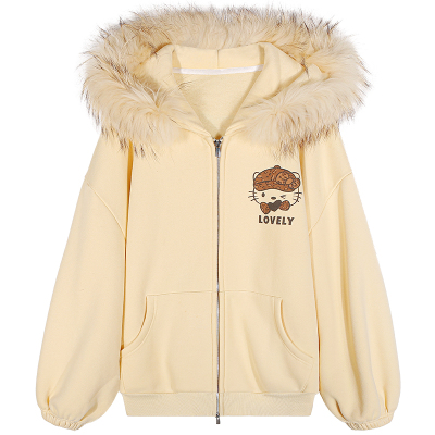 今屿花花加绒连帽卫衣女