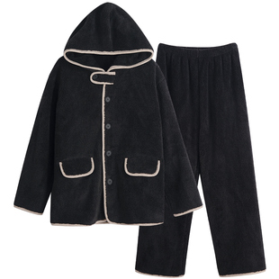男生睡衣秋冬款珊瑚绒加厚保暖长袖男士连帽学院风家居服冬季套装