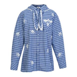 lefame拉飞姆2026春季新款时尚宽松休闲格纹珠饰长袖衬衫上衣女