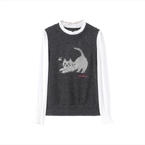 李子木先生假两件卡通拼色针织衫女2026春季新款减龄百搭上衣小衫