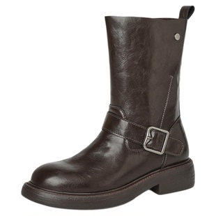 星期六厚底英伦风马丁靴女2025冬季新款皮带扣中筒靴子复古骑士靴