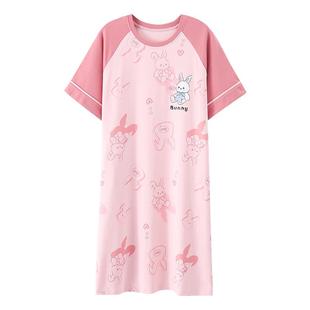 芬腾可安夏季睡裙女纯棉短袖中长款甜美网红风夏天薄大码连衣裙子