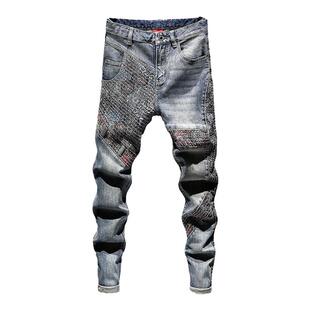 高端欧货拼接重工艺刺绣男士牛仔裤2025休闲时尚复古水洗长裤潮流