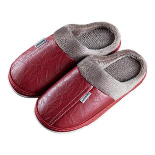 【买一送一】新款棉拖鞋女冬天家居情侣室内厚底防滑PU皮拖鞋冬季