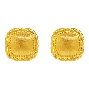 老庙黄金足金扭纹丝绒耳钉5D饱满立体小方糖闪耀时尚复古老钱风