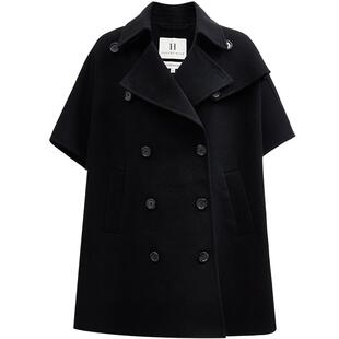 SEASONHIGH秋季女士翻领毛呢外套宽松五分袖潮流百搭纽扣秋装女款