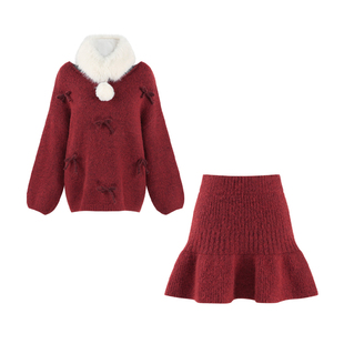 Palglg新年战袍红色毛衣半身裙套装女冬季高级感法式甜美两件套裙
