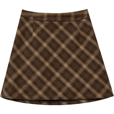 DM100大码百分百女装微胖mm秋季百搭复古棕色毛呢格纹短款半身裙