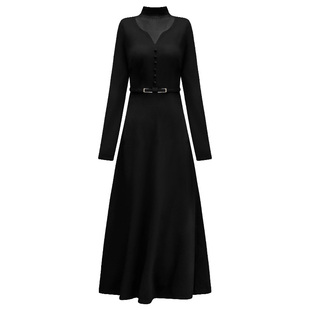 半高领黑色连衣裙女修腰显瘦内搭秋冬打底长裙子法式赫本风小黑裙