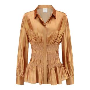 【deepmoss】优雅复古潮流女装时尚休闲气质水泽打揽收腰衬衫上衣