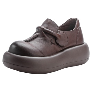 新款牛皮厚底棕色休闲鞋女款真皮2026春季时尚女士丑萌运动旅游鞋