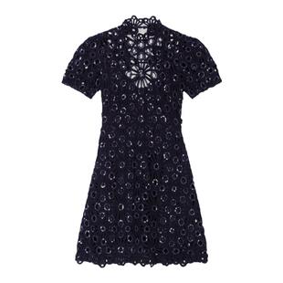 Maje Outlets春夏女装法式时尚镂空钩花设计半高领黑色短款连衣裙