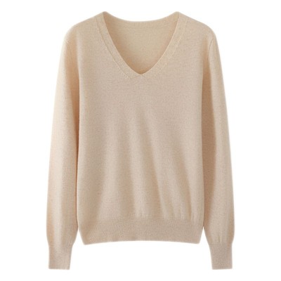 鄂尔多斯市无缝一体可机洗V领羊毛衫女纯白色内搭针织羊绒打底衫