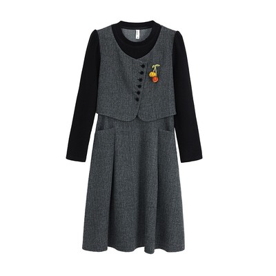 配大衣假两件中老年妈妈裙子