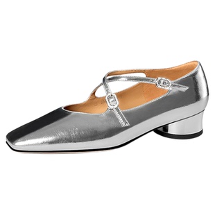 星期六银色玛丽珍鞋女2025方头交叉带法式复古中跟单鞋芭蕾舞鞋子
