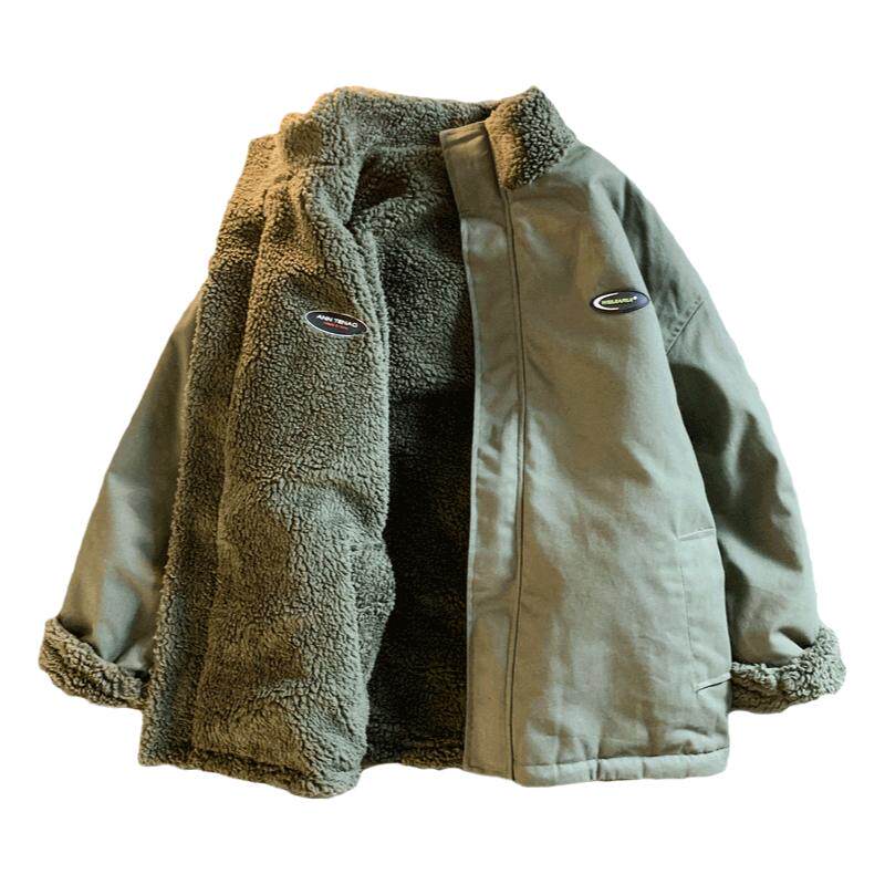 棉衣男棉服棉袄工装宽松大码仿羊羔毛加绒加厚两面穿外套潮牌冬季