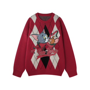 BJHG不计后果猫和老鼠联名圣诞毛衣男款冬季重磅菱格圆领针织衫女
