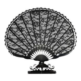 日本折扇子和扇宫廷竹柄扇子贝壳扇大刀扇礼品扇双层黑蕾丝扇舞蹈