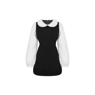 安妮不火 撞色微米短绒拼接呢子连衣裙女微胖大码假两件收腰裙子